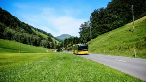 A modern yellow and black bus driving along a rural Lincolnshire-style road.