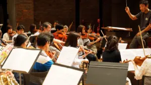 A classical orchestra conductor leading a large ensemble during a musical performance.