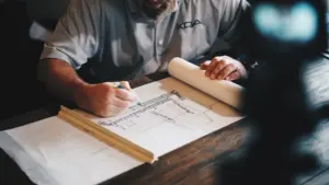 An architect using a pencil and ruler to draft building plans on paper.