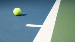 A single yellow tennis ball resting on a blue tennis court near white lines.