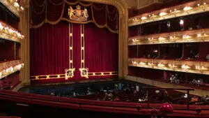 Interior view of the historic Royal Opera House stage in London, UK.