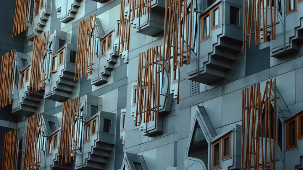 Close-up architectural detail of the distinctive Scottish Parliament building in Edinburgh.