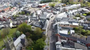 Aerial view showing the dense building layout of a traditional English town centre