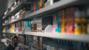Close-up of a hand browsing a retail shelf filled with nicotine vape products.