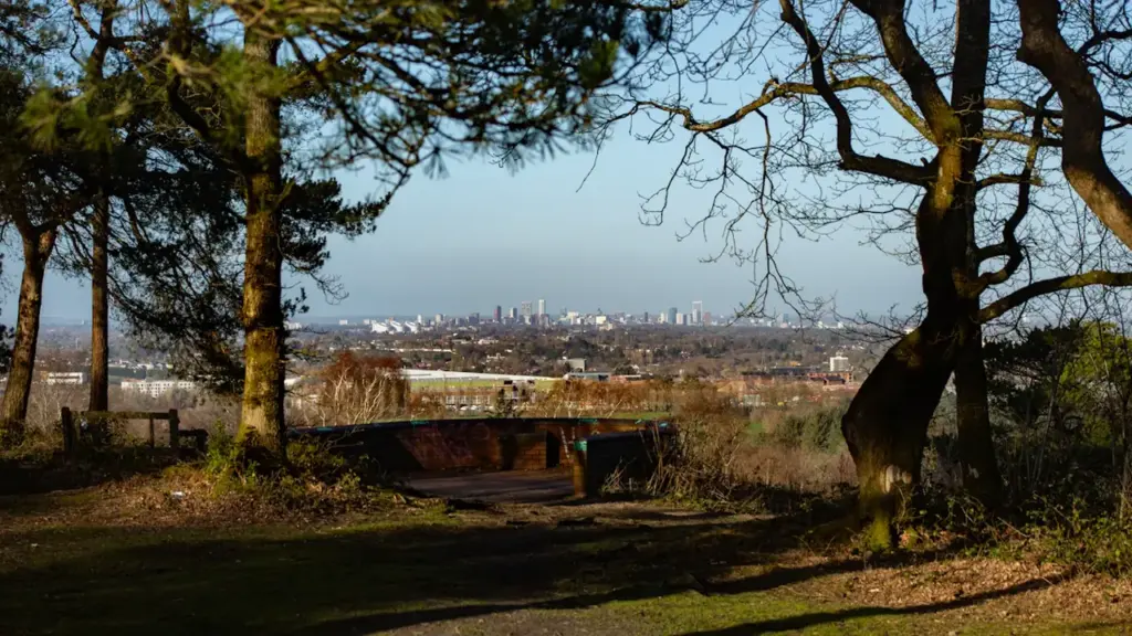 Birmingham city skyline viewed through trees on a sunny day in the UK.