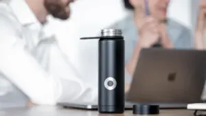 A black vacuum flask on a desk with colleagues working in the background.