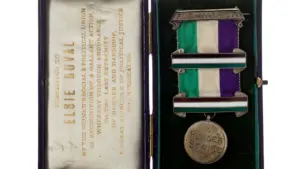 The historic 1912 Elsie Duval hunger strike medal in its original presentation case.