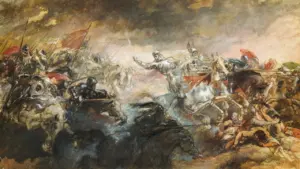 An oil painting of mounted soldiers fighting during a chaotic medieval battle scene.