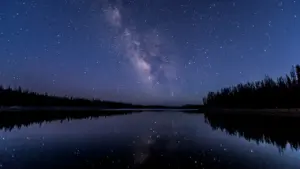 Milky Way galaxy visible above a serene dark lake and tree silhouette at night.