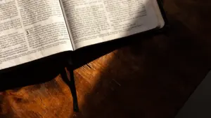 An open Bible resting on a rustic wooden table under natural light.